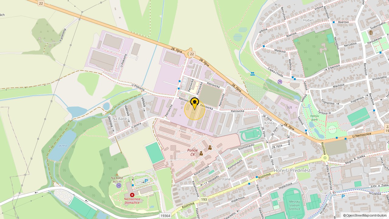 Mapa s vyznačenou adresou Petrovická 293, Domažlice 34401